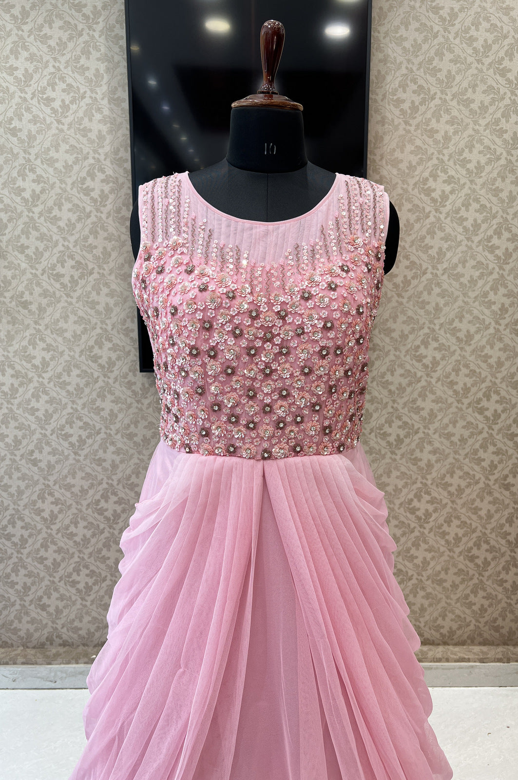 Baby Pink Sequins, Beads and Stone work Bridal and Partywear Gown