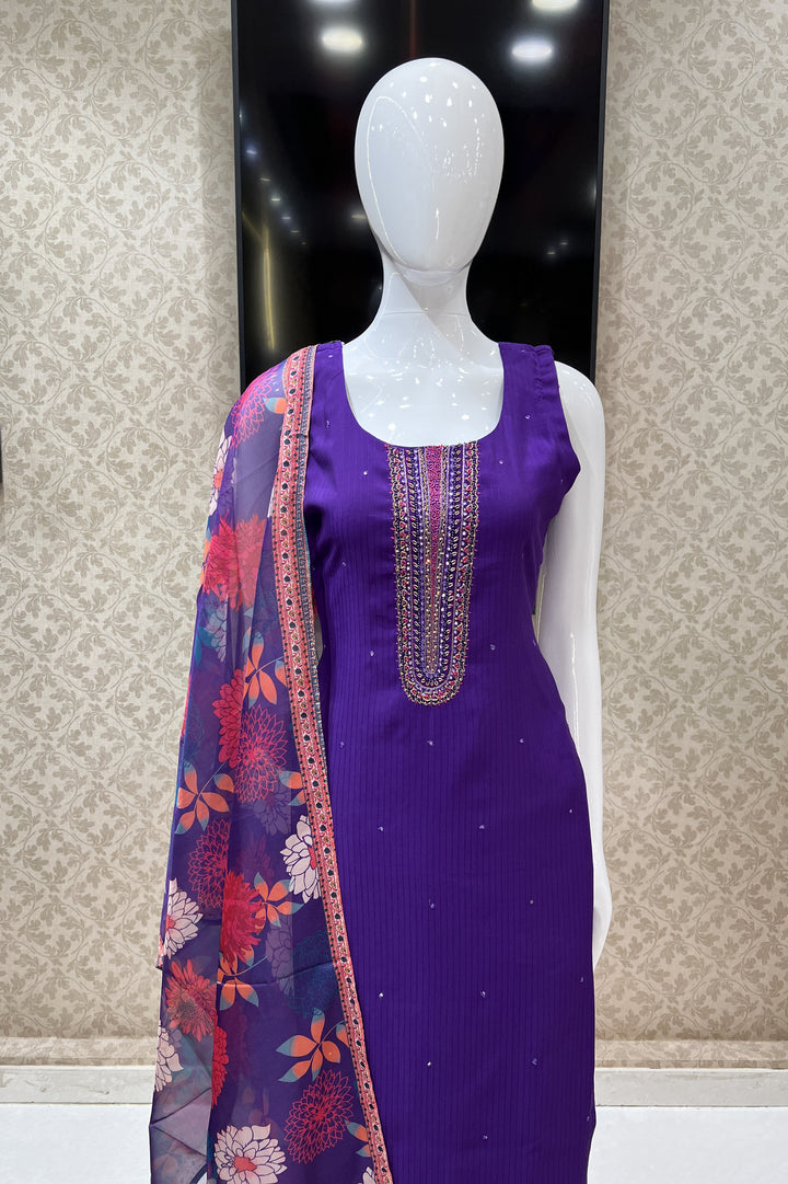 Violet Thread, Stone and Sequins work Straight Cut Salwar Suit with Floral Print Dupatta