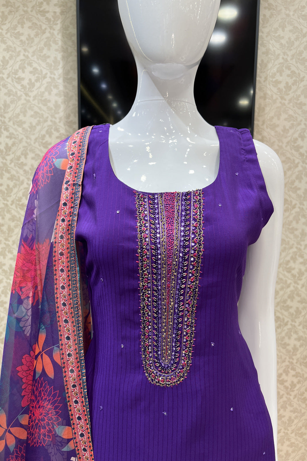 Violet Thread, Stone and Sequins work Straight Cut Salwar Suit with Floral Print Dupatta