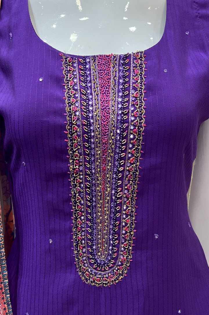 Violet Thread, Stone and Sequins work Straight Cut Salwar Suit with Floral Print Dupatta