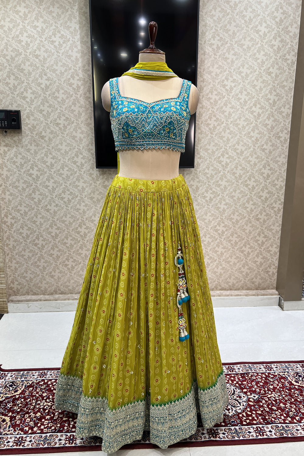 Rama Blue with Liril Green Mirror, Beads, Sequins and Zari work Crop Top Lehenga