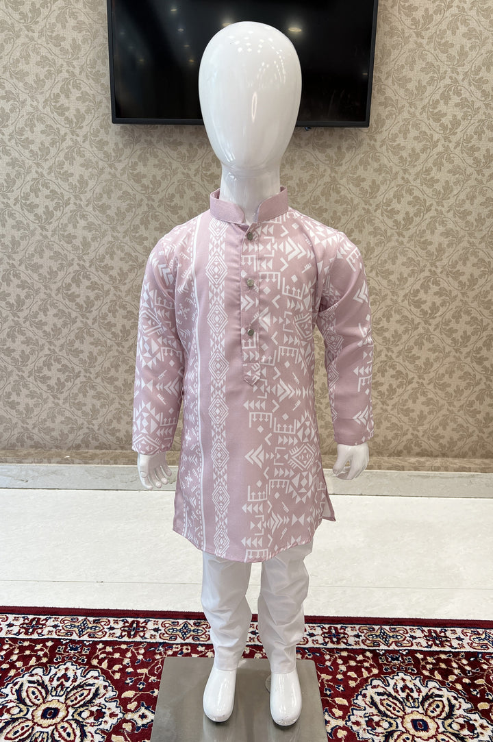 Pink with White Printed Kurta Set for Boys