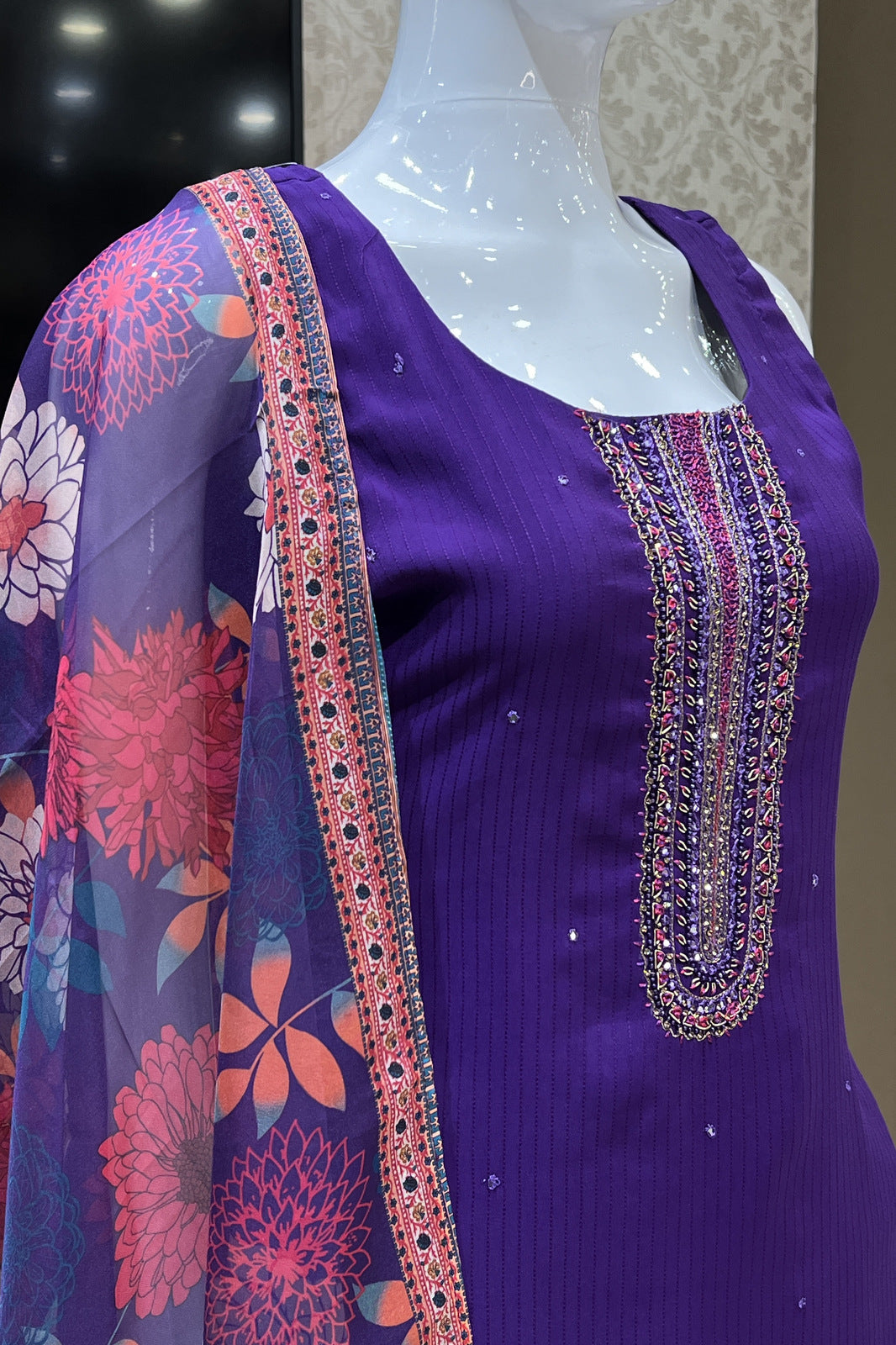 Violet Thread, Stone and Sequins work Straight Cut Salwar Suit with Floral Print Dupatta