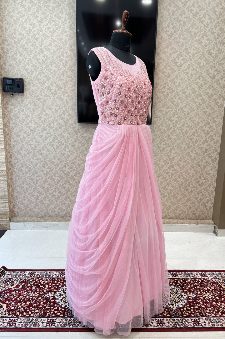 Baby Pink Sequins, Beads and Stone work Bridal and Partywear Gown