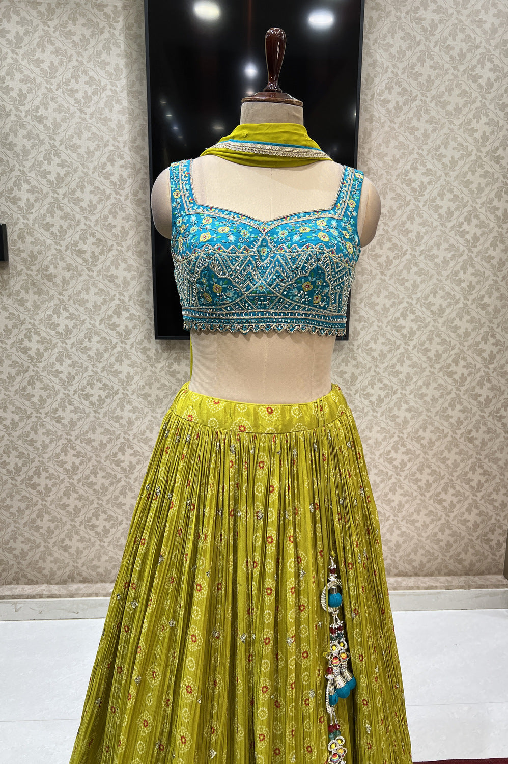 Rama Blue with Liril Green Mirror, Beads, Sequins and Zari work Crop Top Lehenga