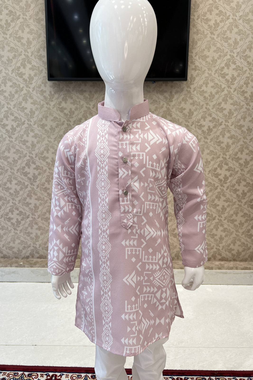 Pink with White Printed Kurta Set for Boys