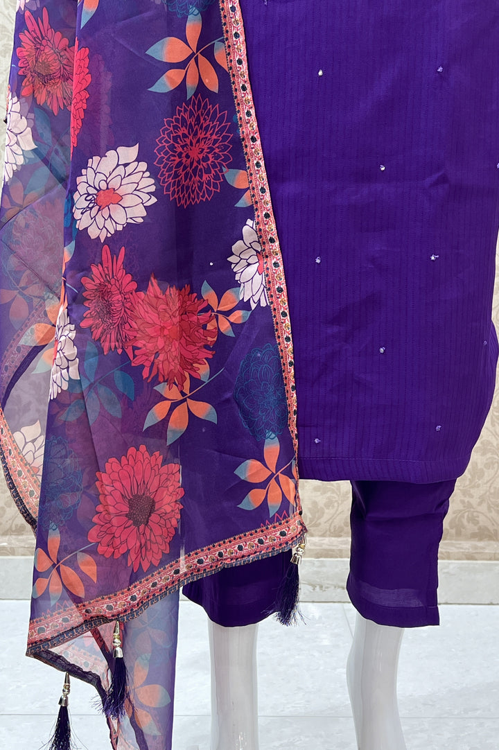 Violet Thread, Stone and Sequins work Straight Cut Salwar Suit with Floral Print Dupatta