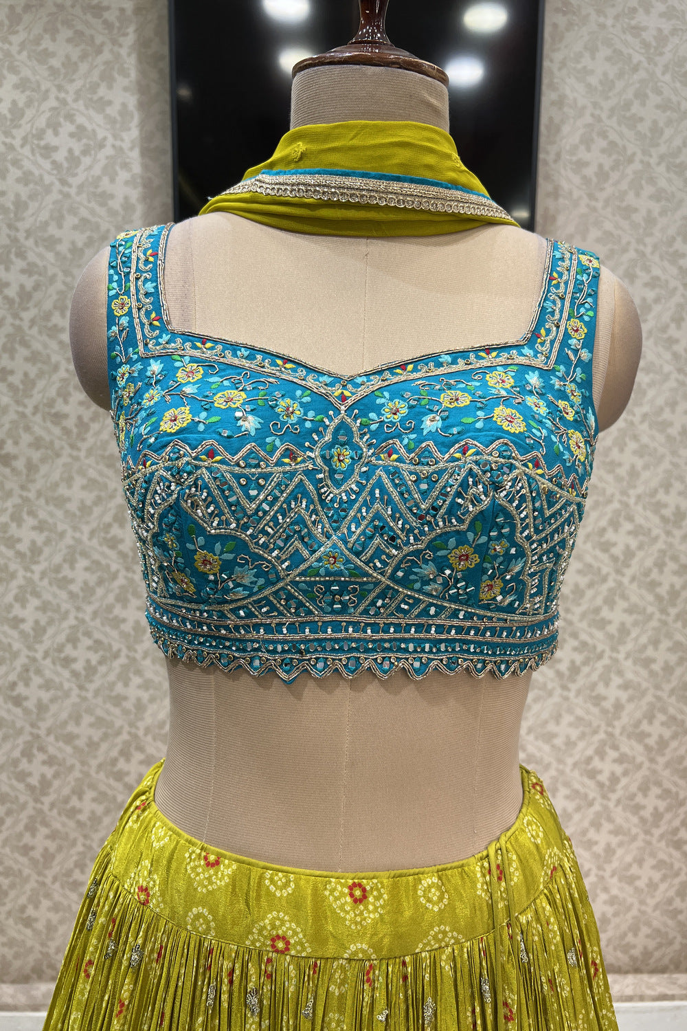 Rama Blue with Liril Green Mirror, Beads, Sequins and Zari work Crop Top Lehenga