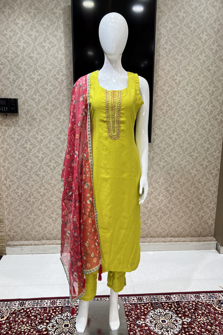 Liril Green Stone, Thread and Beads work Straight Cut Salwar Suit with Floral Print Dupatta