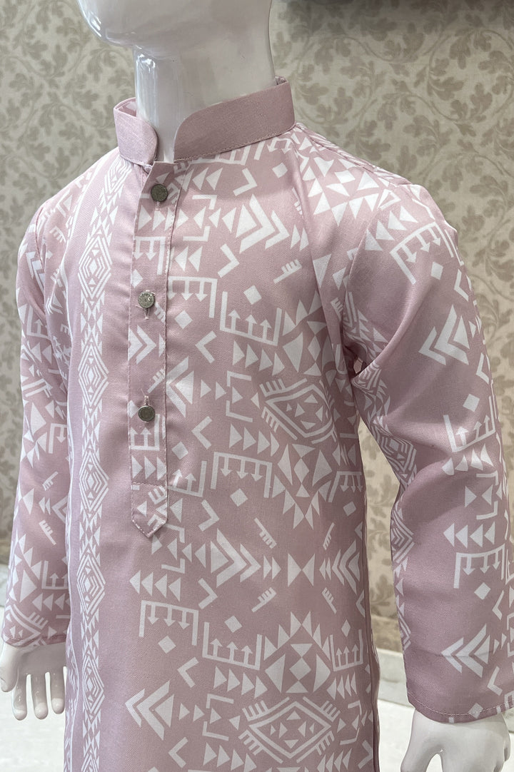 Pink with White Printed Kurta Set for Boys