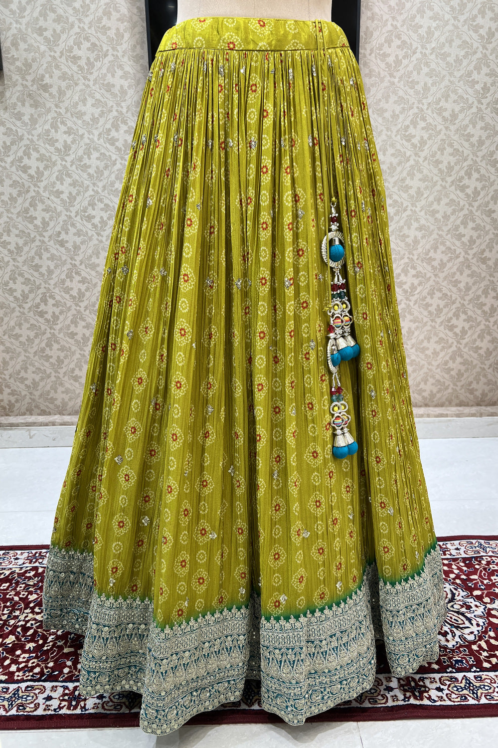 Rama Blue with Liril Green Mirror, Beads, Sequins and Zari work Crop Top Lehenga