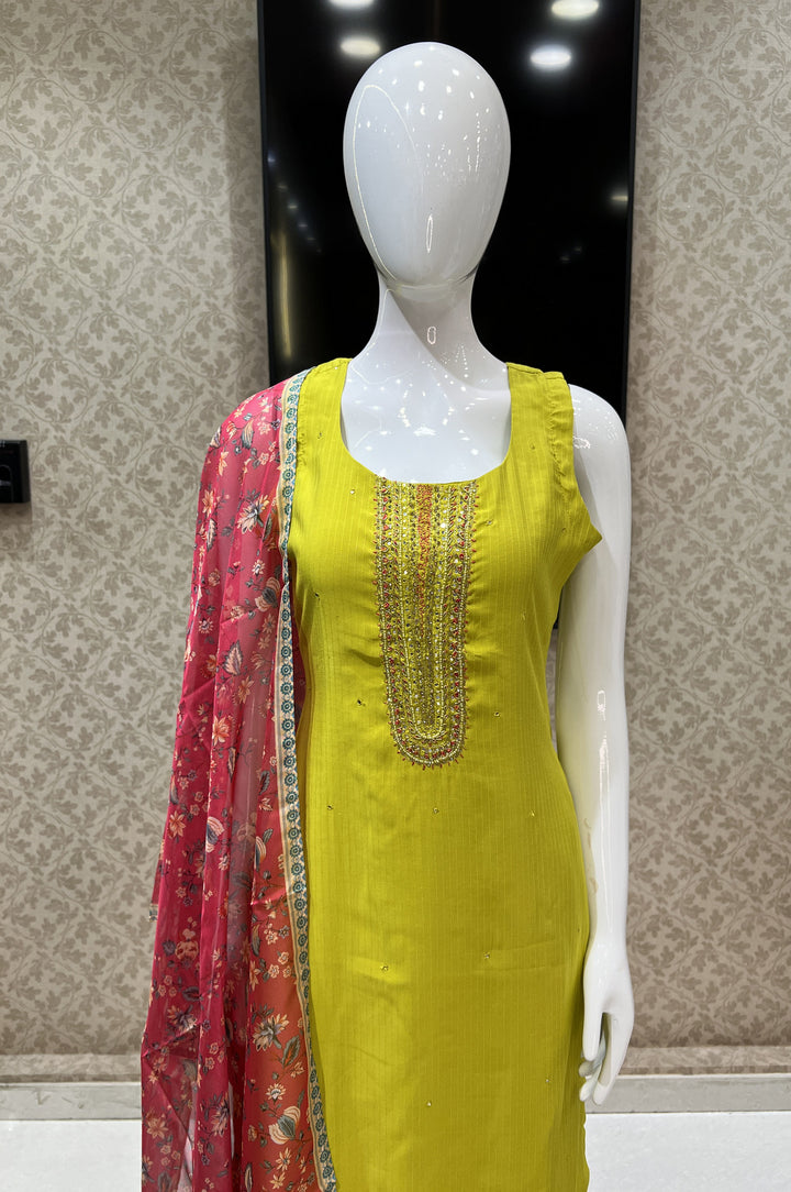 Liril Green Stone, Thread and Beads work Straight Cut Salwar Suit with Floral Print Dupatta