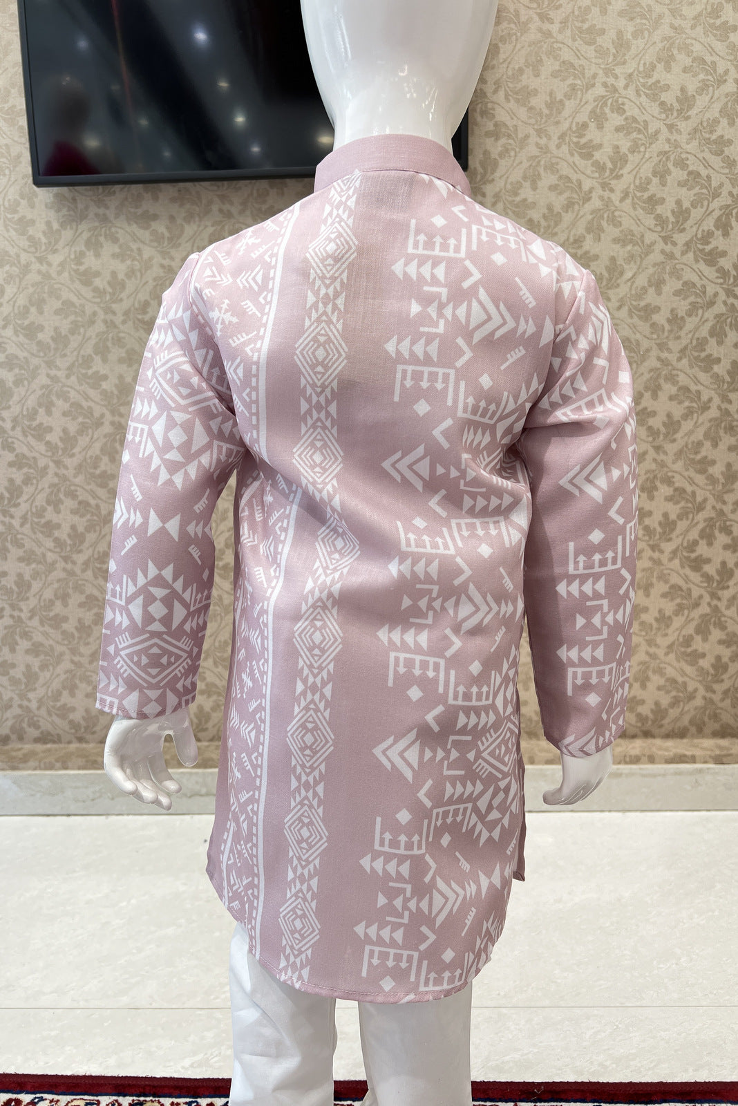 Pink with White Printed Kurta Set for Boys