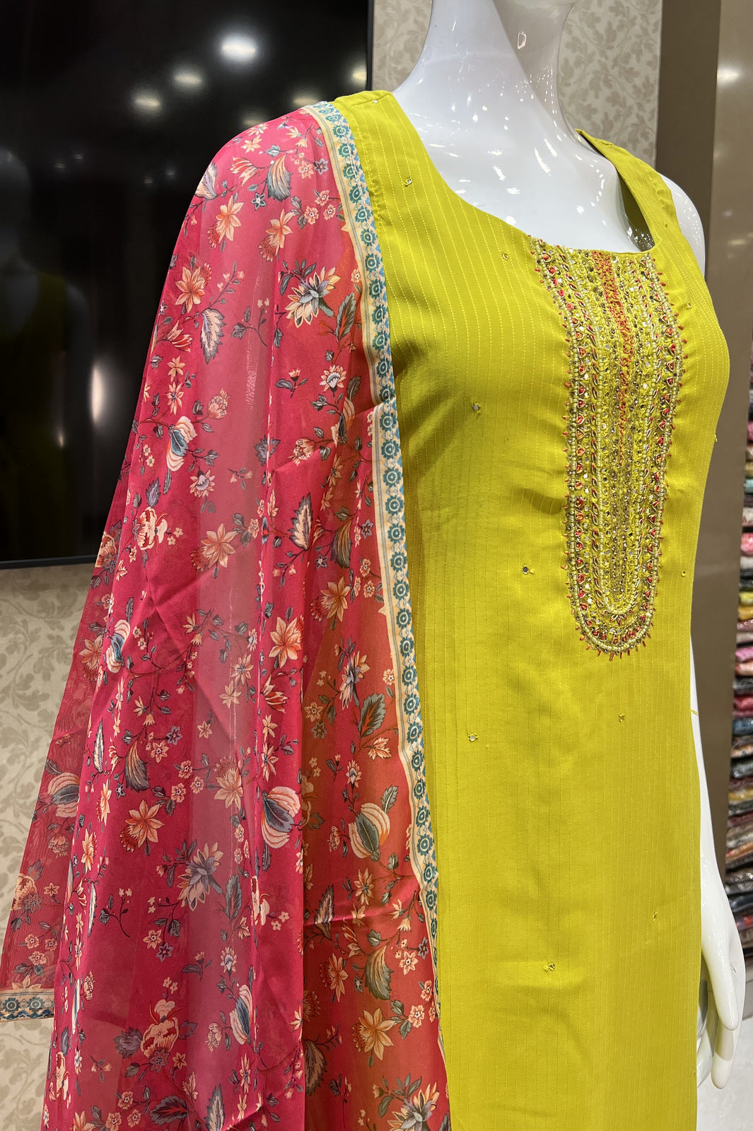 Liril Green Stone, Thread and Beads work Straight Cut Salwar Suit with Floral Print Dupatta