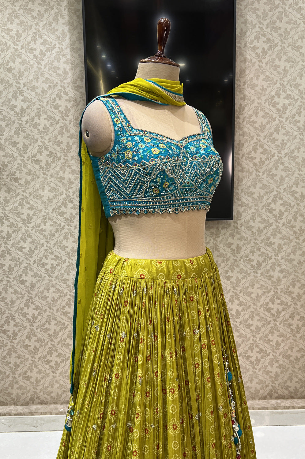 Rama Blue with Liril Green Mirror, Beads, Sequins and Zari work Crop Top Lehenga