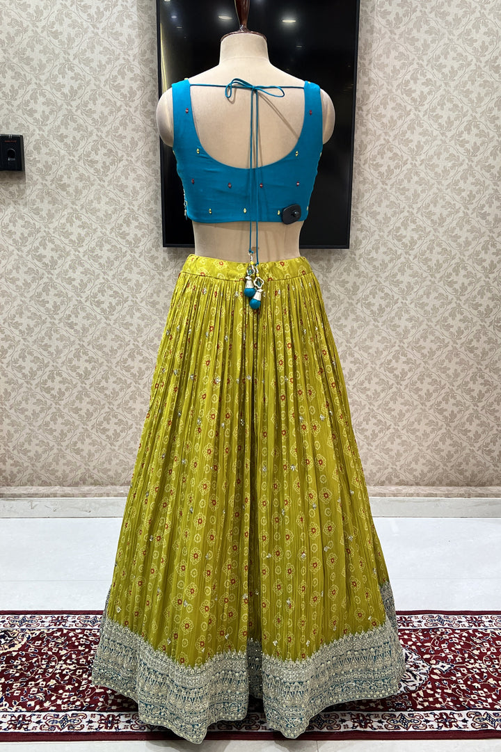 Rama Blue with Liril Green Mirror, Beads, Sequins and Zari work Crop Top Lehenga