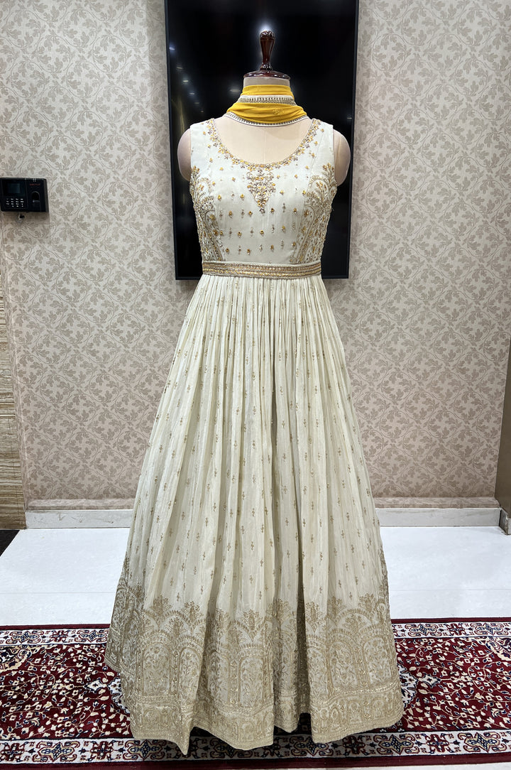 Beige Zari, Sequins, Mirror and Beads work Floor Length Anarkali Suit with Belt