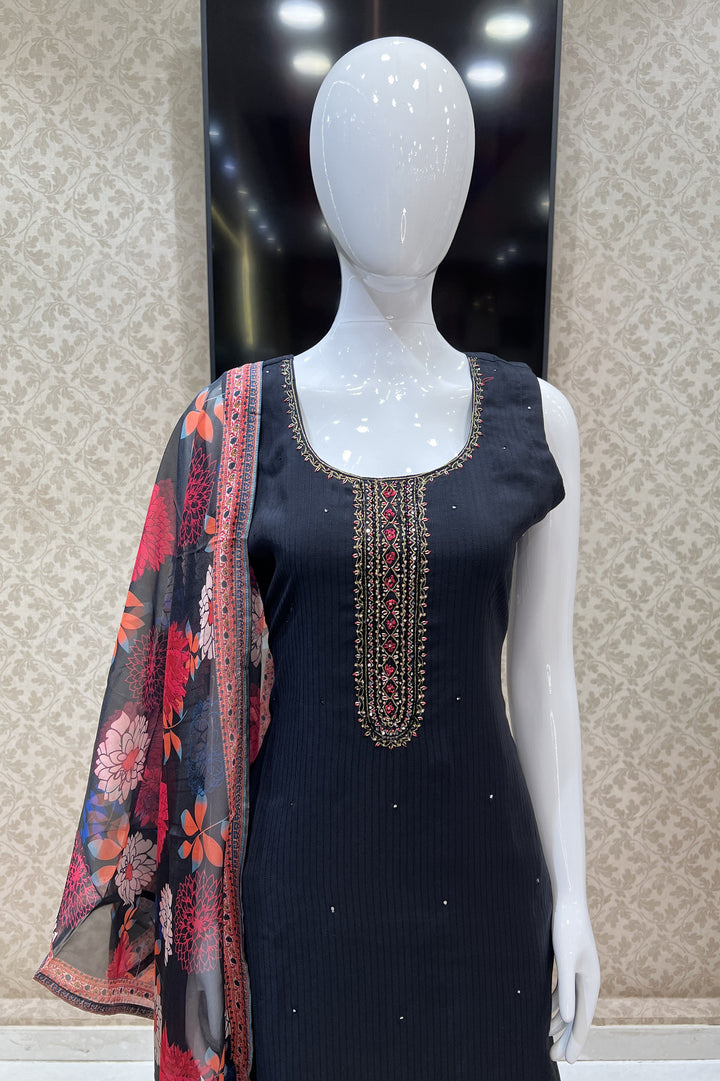 Black Zari, Stone and Beads work Straight Cut Salwar Suit with Floral Print Dupatta