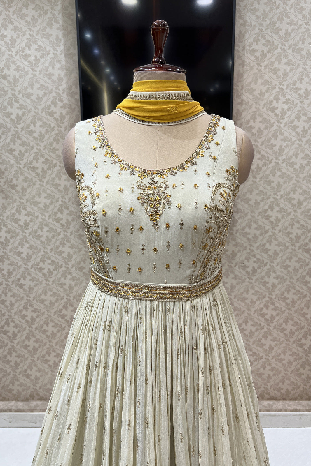 Beige Zari, Sequins, Mirror and Beads work Floor Length Anarkali Suit with Belt