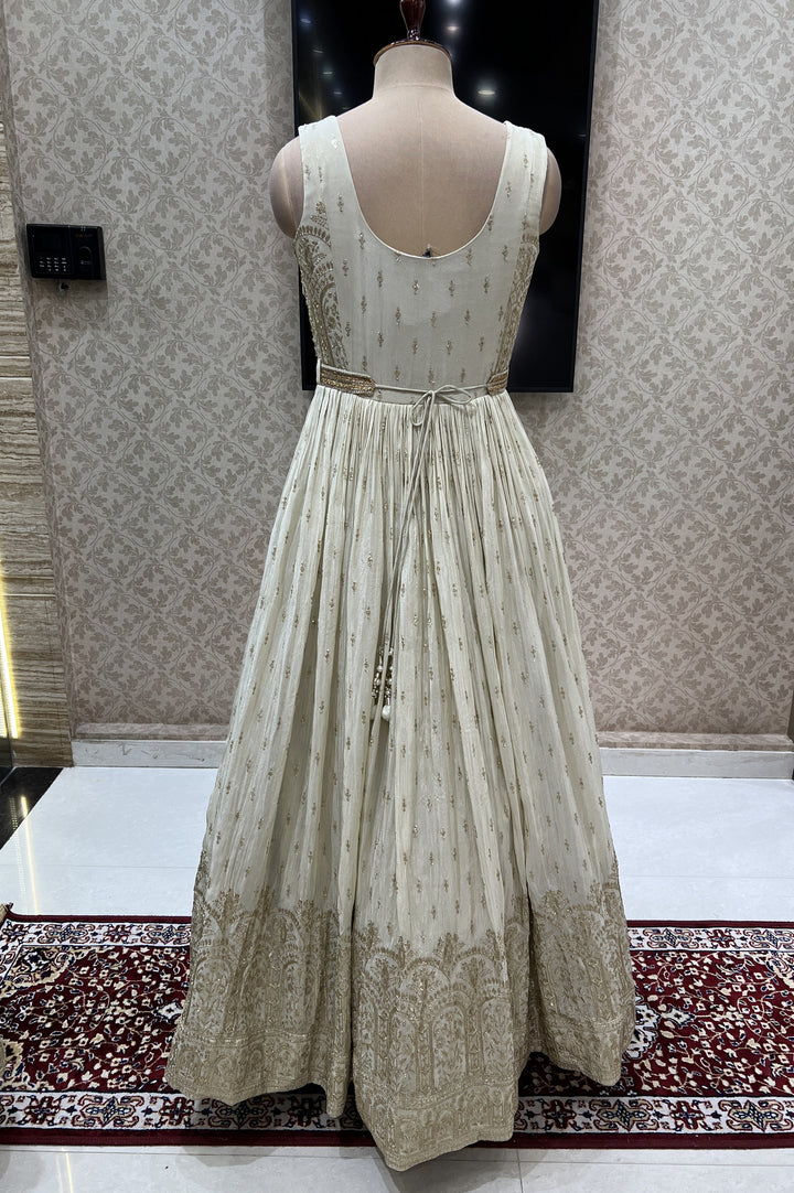 Beige Zari, Sequins, Mirror and Beads work Floor Length Anarkali Suit with Belt