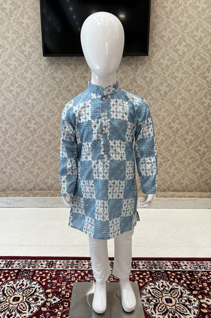 Blue with White Printed Kurta Set for Boys