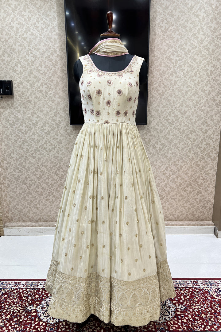 Beige Banaras, Zardozi, Beads, Stone and Thread work Floor Length Anarkali Suit