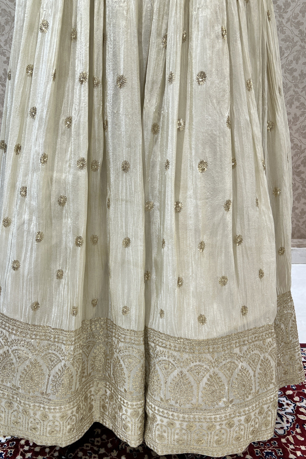 Beige Banaras, Zardozi, Beads, Stone and Thread work Floor Length Anarkali Suit