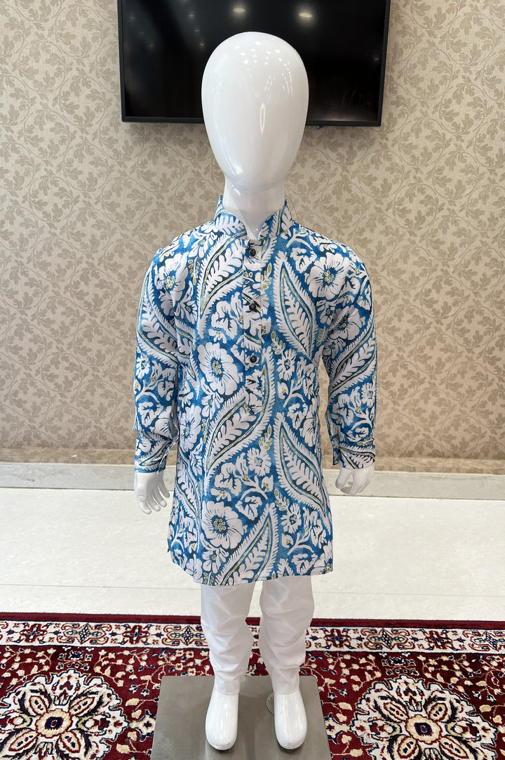 Blue with White Digital Print Kurta Set for Boys