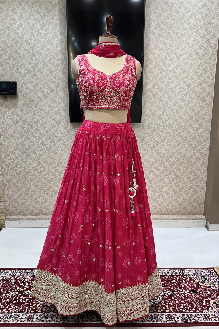 Pink Mirror, Sequins, Zari and Thread work with Bandini Print Crop Top Lehenga