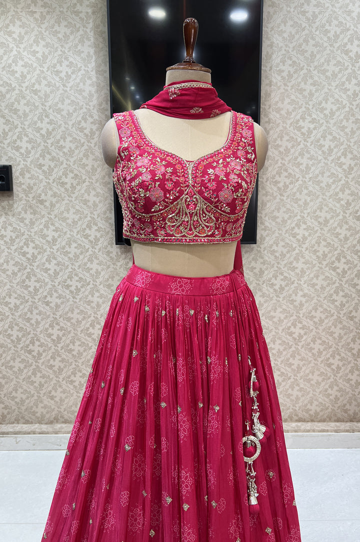 Pink Mirror, Sequins, Zari and Thread work with Bandini Print Crop Top Lehenga