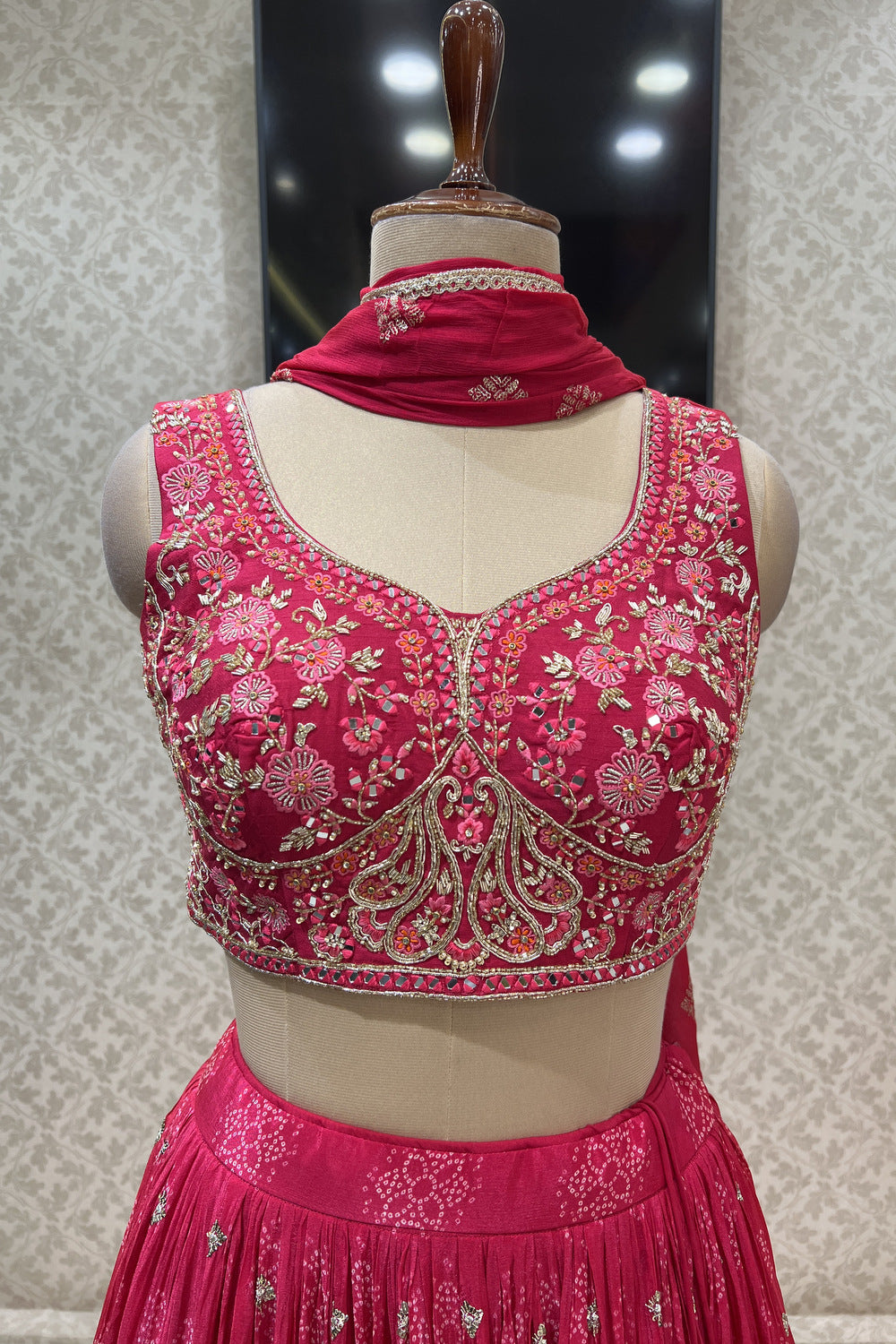 Pink Mirror, Sequins, Zari and Thread work with Bandini Print Crop Top Lehenga