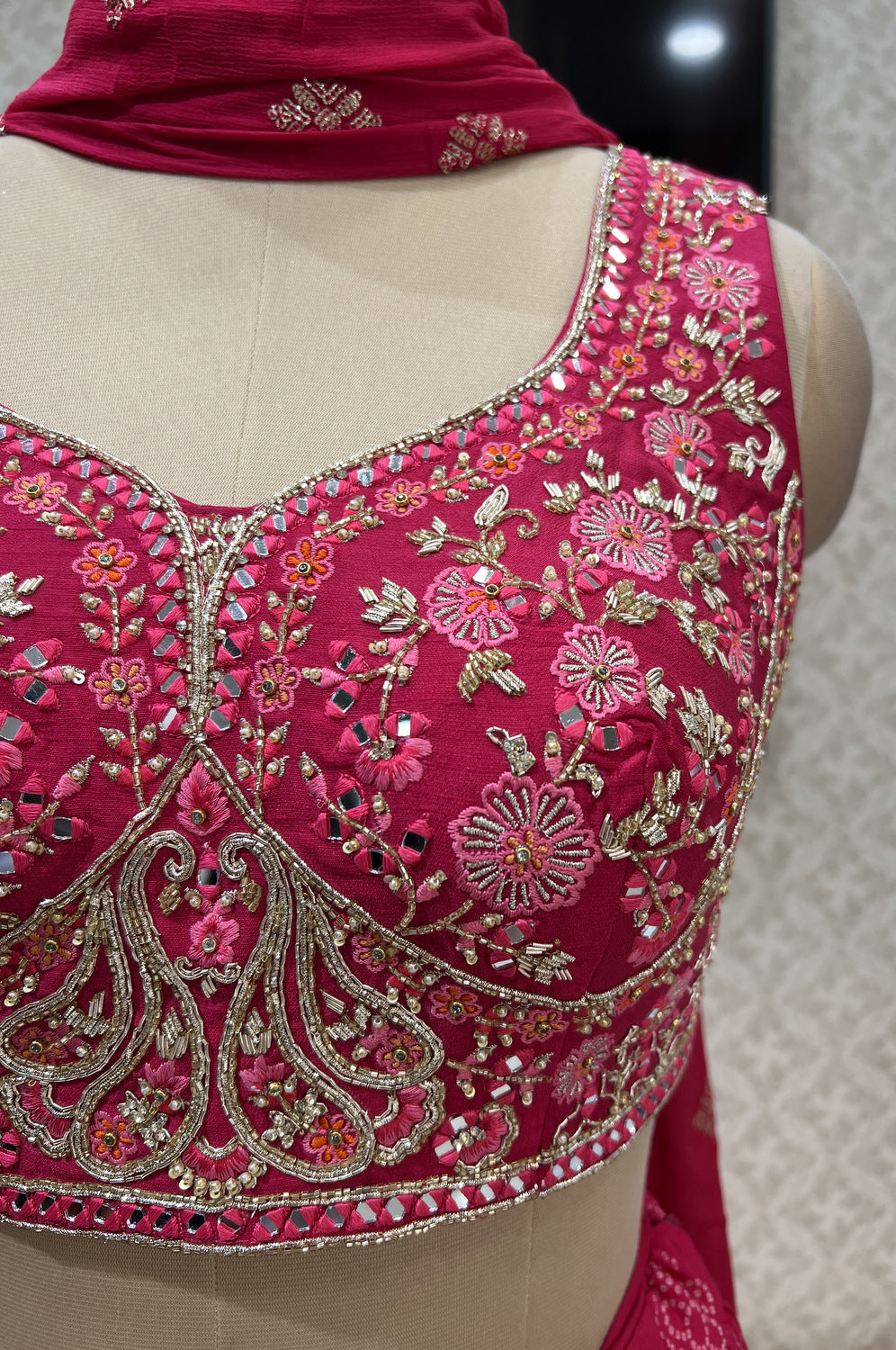 Pink Mirror, Sequins, Zari and Thread work with Bandini Print Crop Top Lehenga