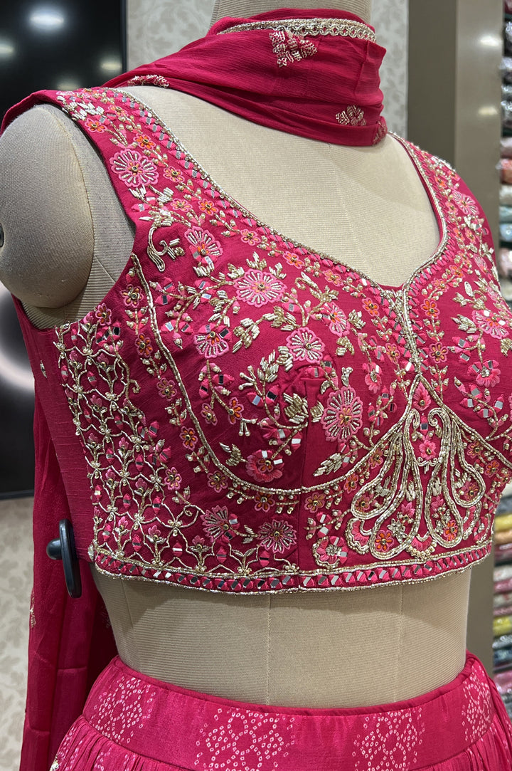 Pink Mirror, Sequins, Zari and Thread work with Bandini Print Crop Top Lehenga