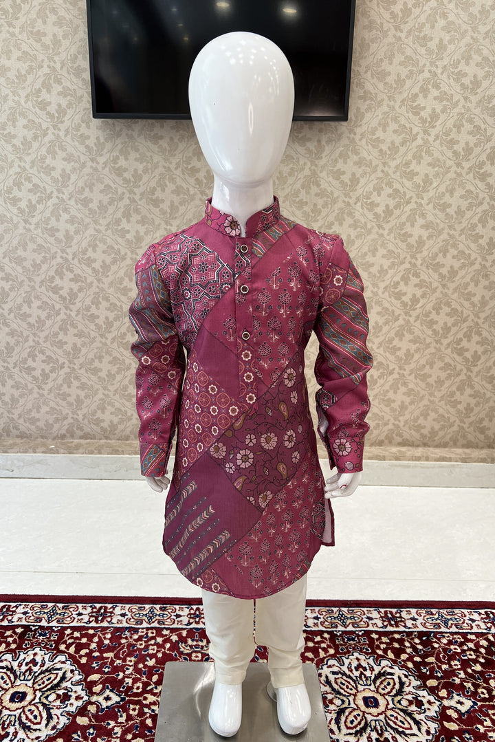 Onion Pink with Cream Digital Print Kurta Set for Boys