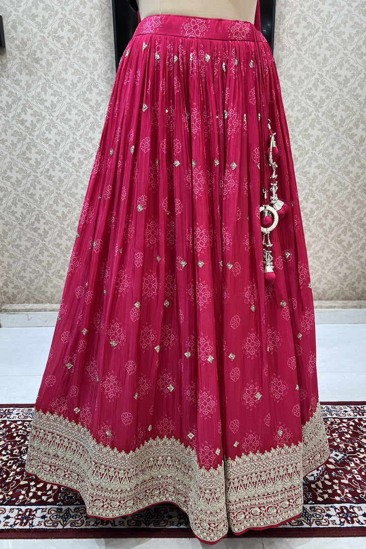 Pink Mirror, Sequins, Zari and Thread work with Bandini Print Crop Top Lehenga