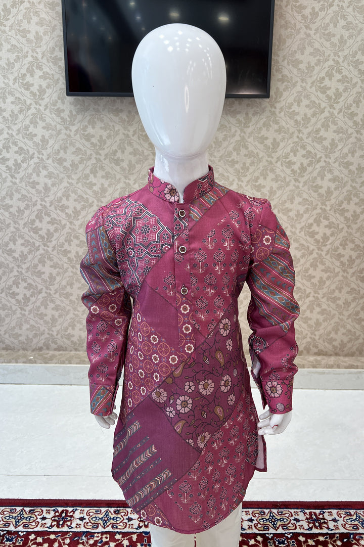 Onion Pink with Cream Digital Print Kurta Set for Boys