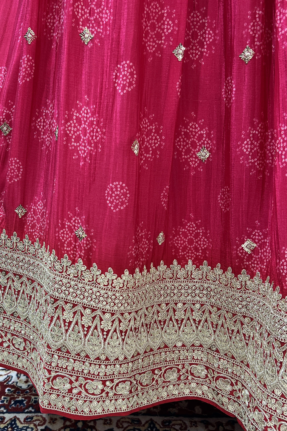 Pink Mirror, Sequins, Zari and Thread work with Bandini Print Crop Top Lehenga