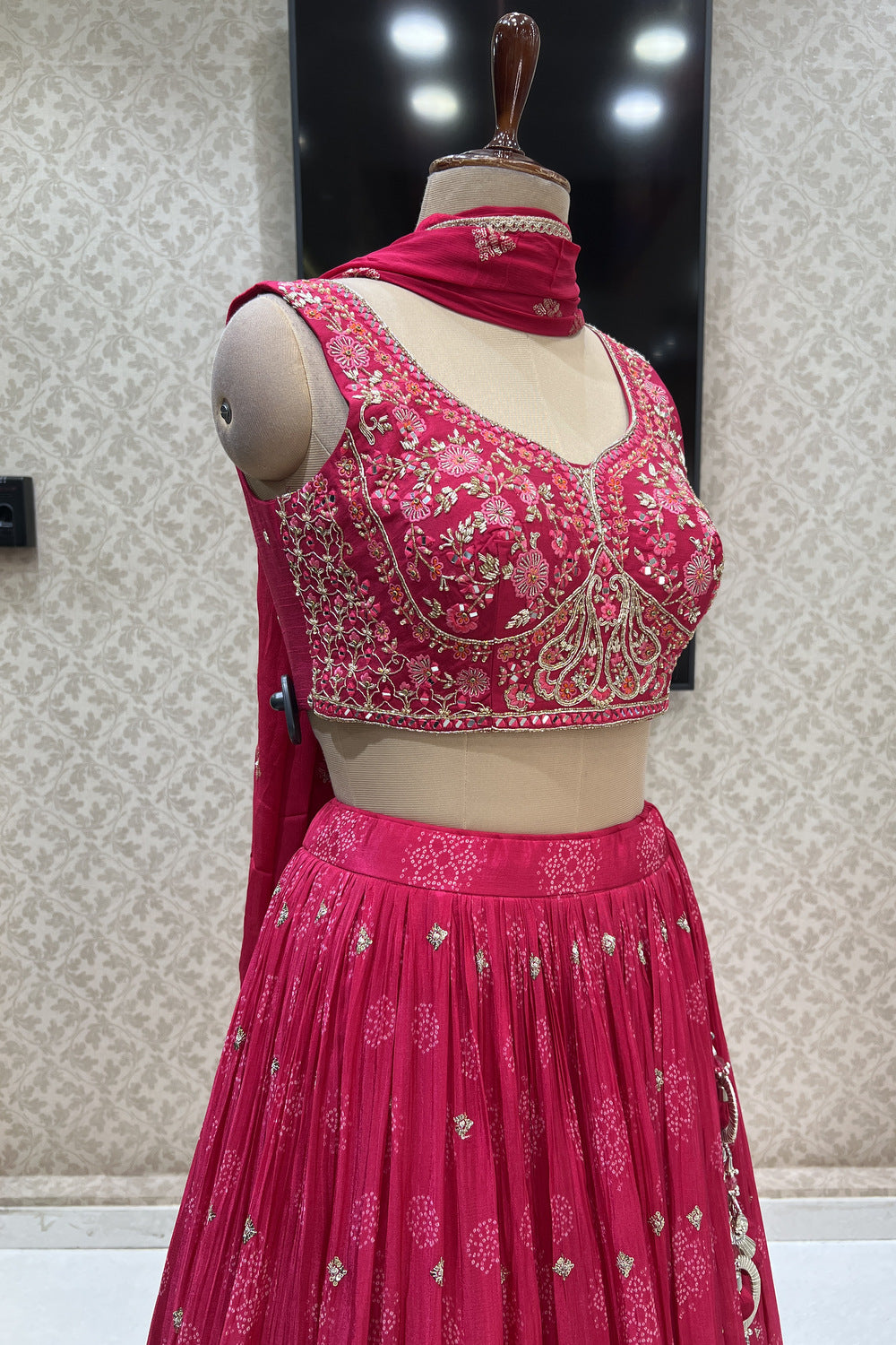 Pink Mirror, Sequins, Zari and Thread work with Bandini Print Crop Top Lehenga