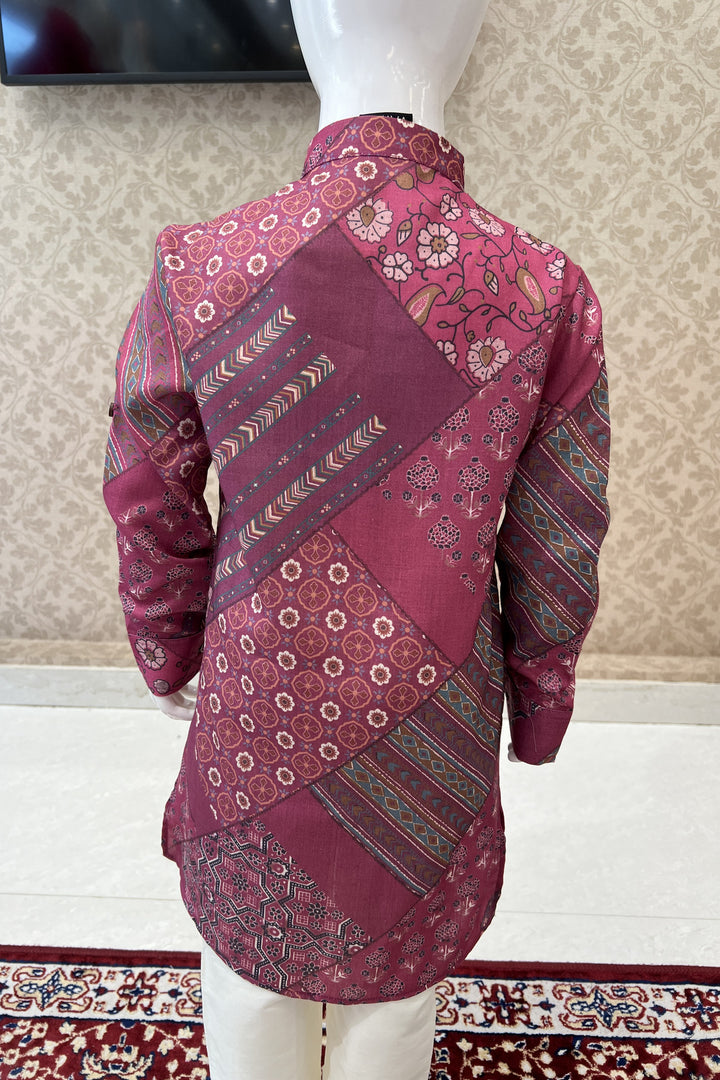 Onion Pink with Cream Digital Print Kurta Set for Boys