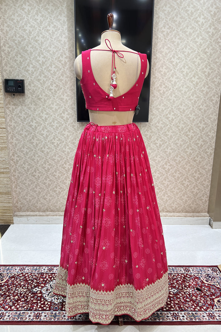 Pink Mirror, Sequins, Zari and Thread work with Bandini Print Crop Top Lehenga