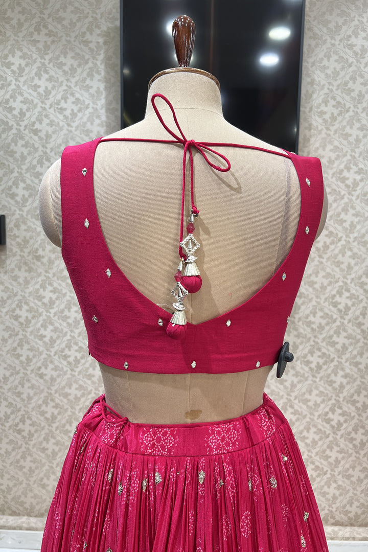 Pink Mirror, Sequins, Zari and Thread work with Bandini Print Crop Top Lehenga