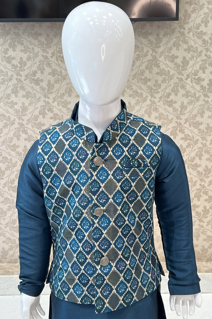 Peacock Green Printed Waist Coat Kurta Set for Boys