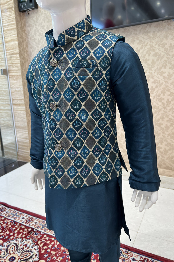 Peacock Green Printed Waist Coat Kurta Set for Boys