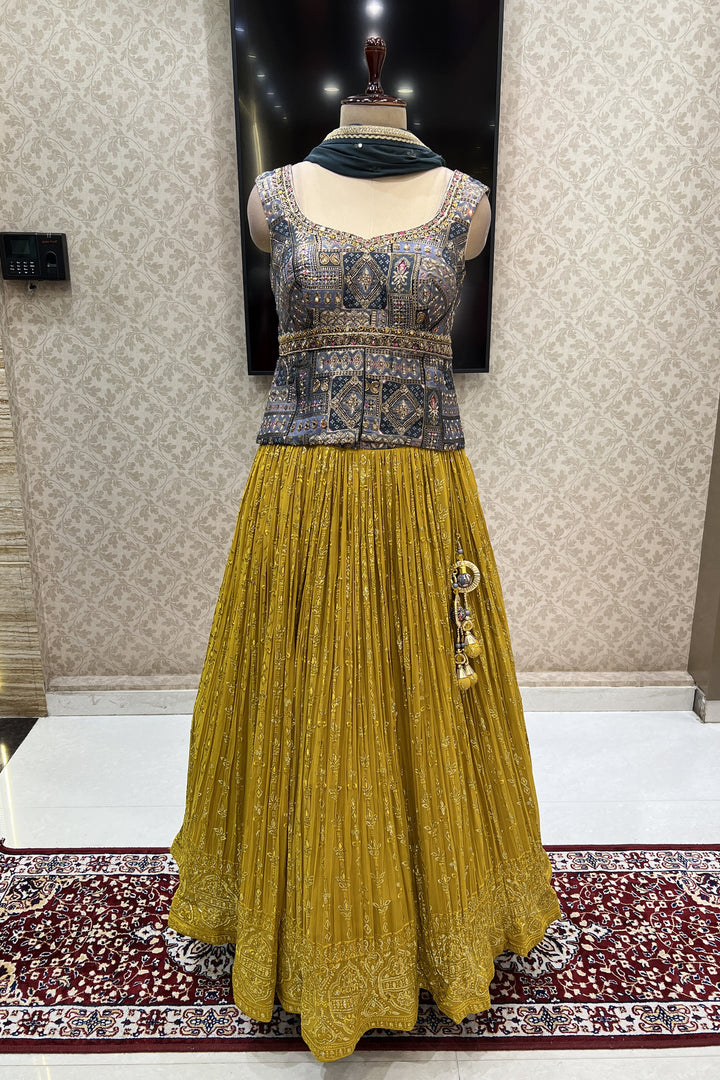 Grey with Mustard Yellow Banaras work and Multicolor Digital Print Peplum Style Lehenga