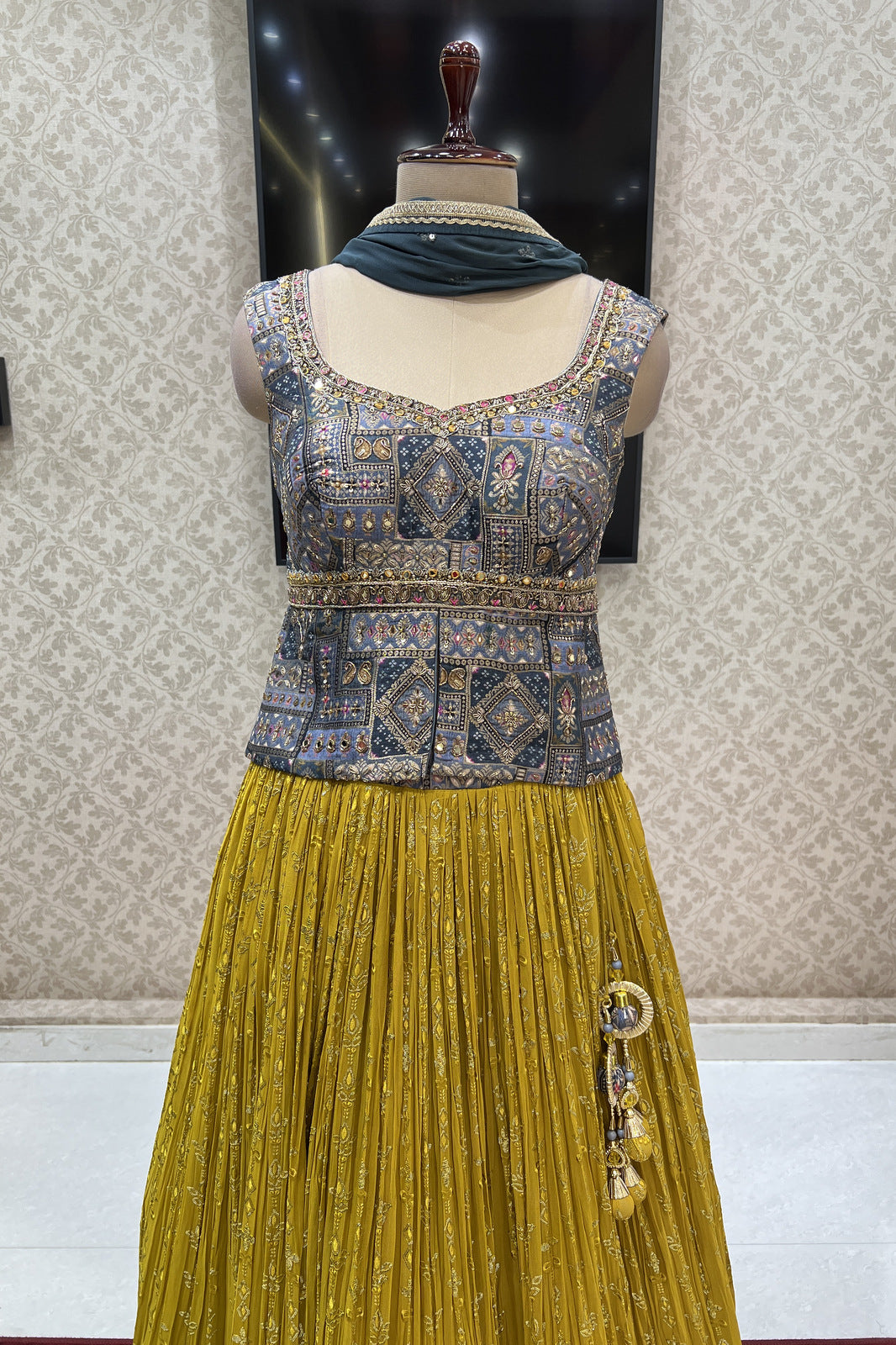 Grey with Mustard Yellow Banaras work and Multicolor Digital Print Peplum Style Lehenga