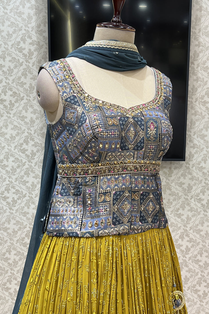 Grey with Mustard Yellow Banaras work and Multicolor Digital Print Peplum Style Lehenga