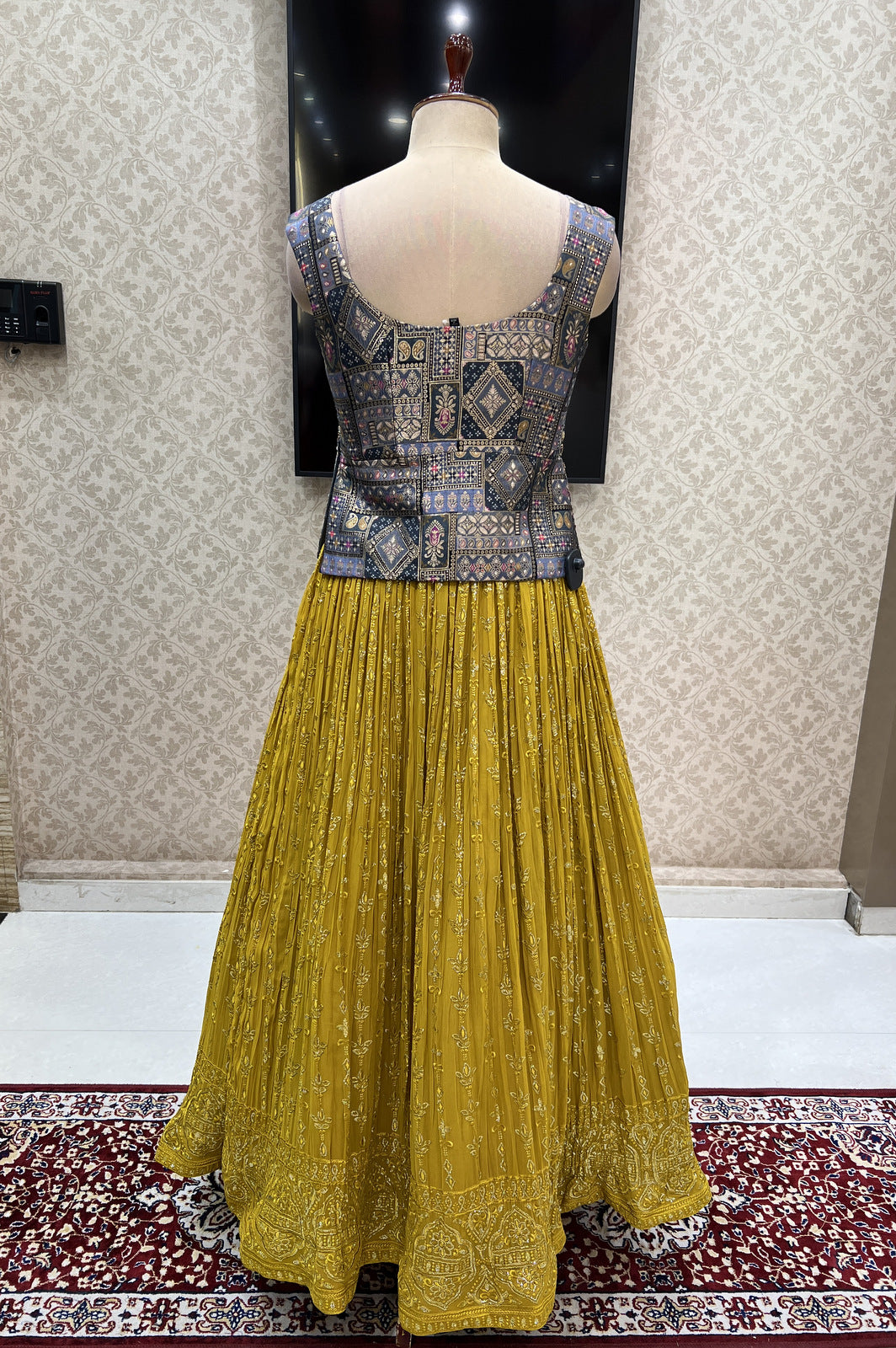 Grey with Mustard Yellow Banaras work and Multicolor Digital Print Peplum Style Lehenga