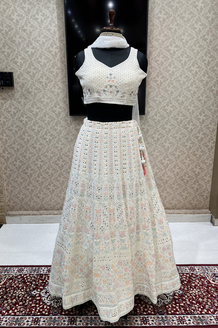 Cream Beads, Sequins, Stone and Multicolor Thread work Crop Top Lehenga