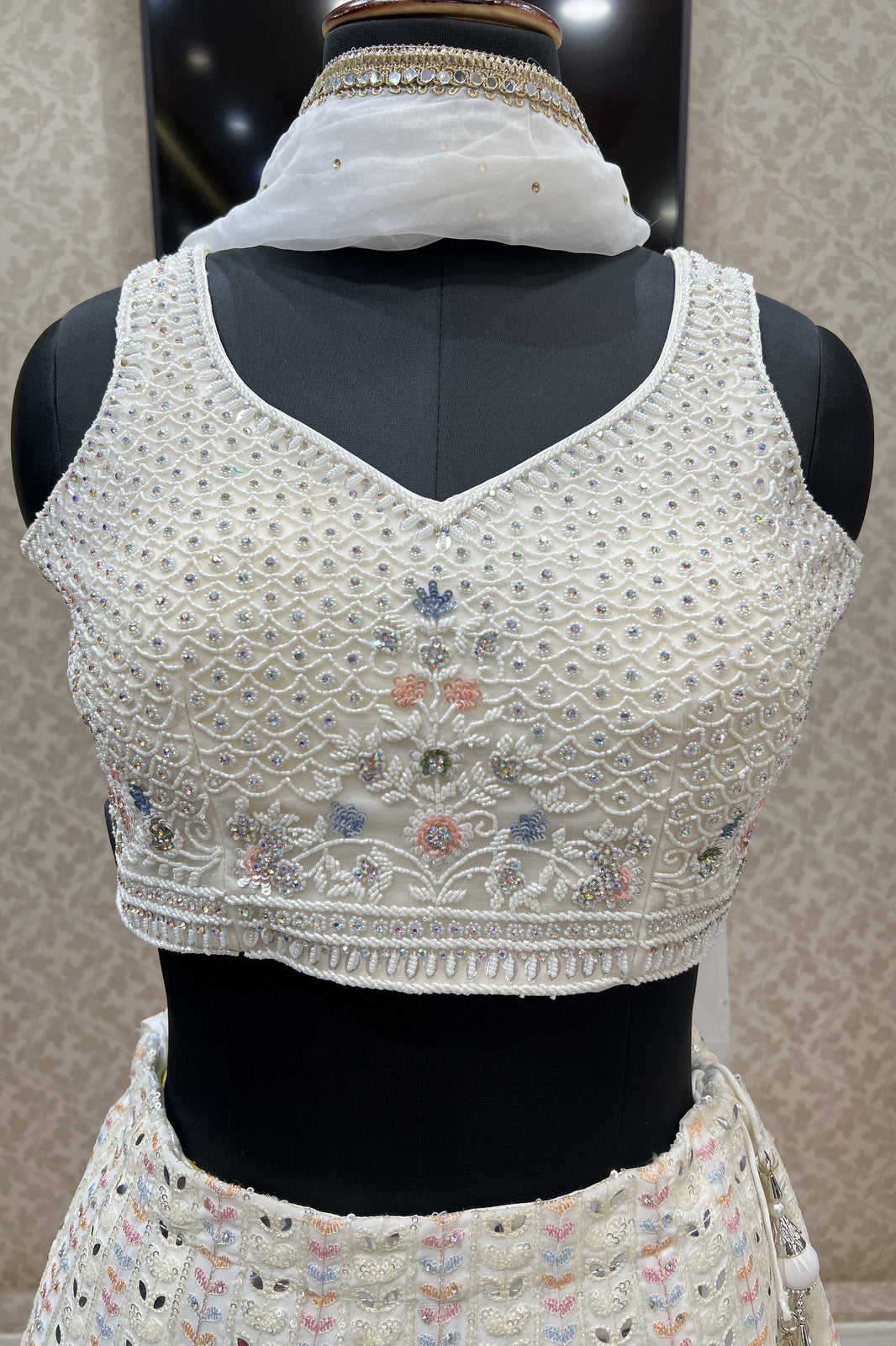 Cream Beads, Sequins, Stone and Multicolor Thread work Crop Top Lehenga