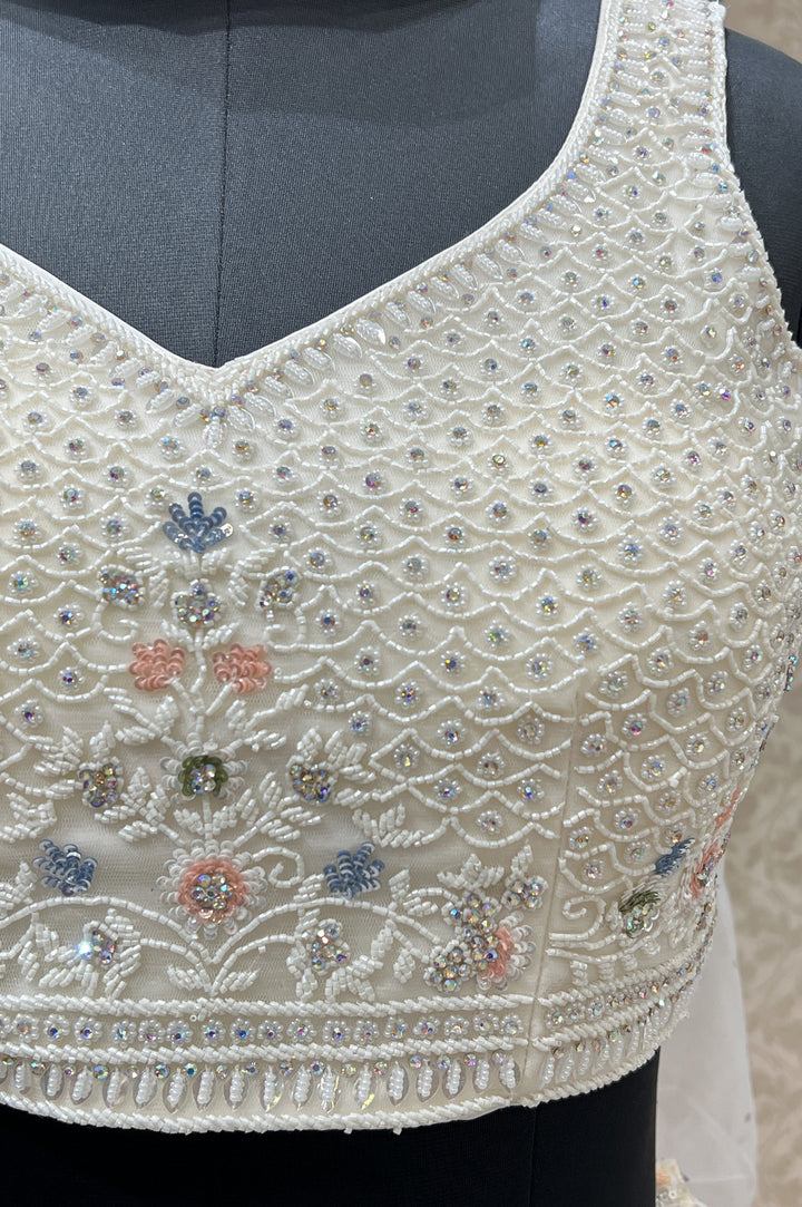 Cream Beads, Sequins, Stone and Multicolor Thread work Crop Top Lehenga